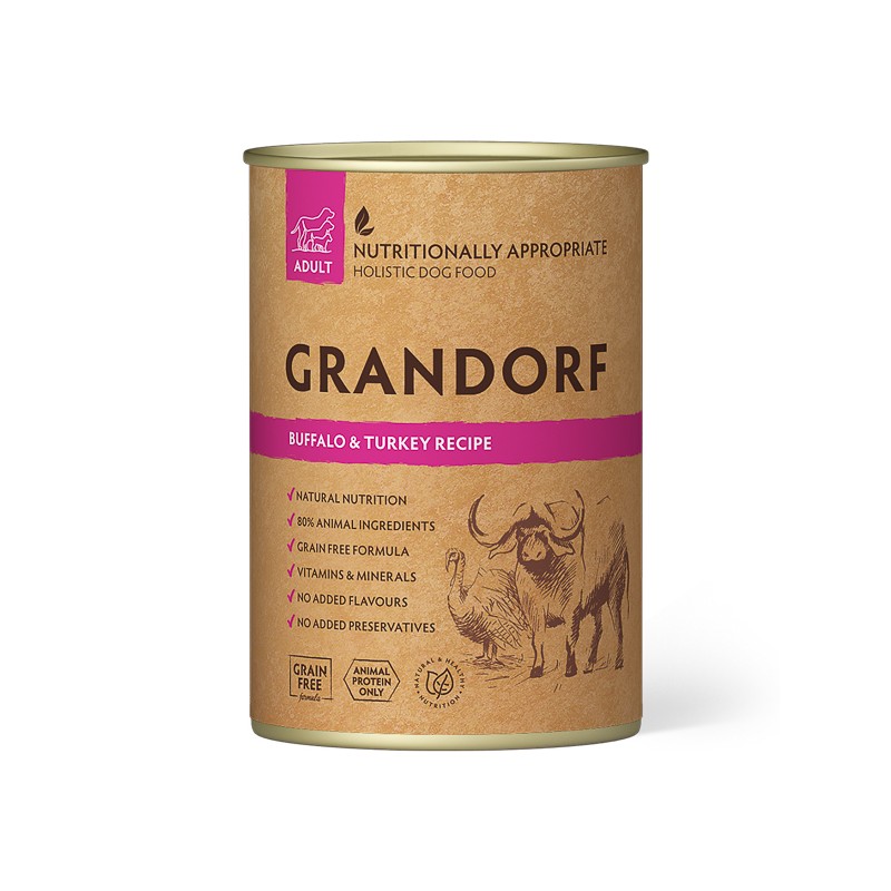 Hrana umeda caini Grandorf GD-Dog cu bivol si curcan, conserva 400 g